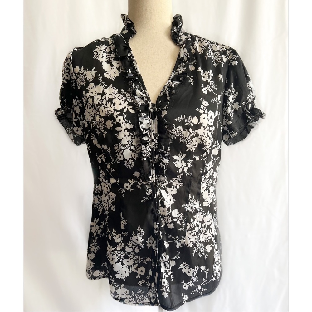 White House Black Market Short-Sleeve Sheer B&W Floral Button Up